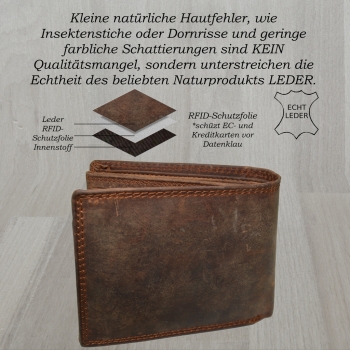 flevado Geldbeutel Wild Leder Herren Geldbörse Querformat Doppelnaht Braun und RFID Schutz